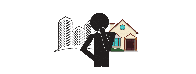 Graphic of a silhouette of a person with a thought bubble containing a cityscape and a house, symbolizing contemplation about urban versus suburban living and asset protection considerations.