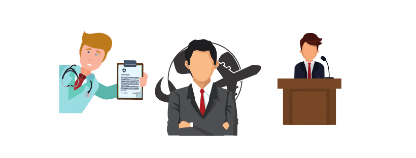 Three cartoon illustrations depicting professionals: a male doctor with a stethoscope, an asset protection attorney in a car holding a smartphone, and a male politician at a podium.