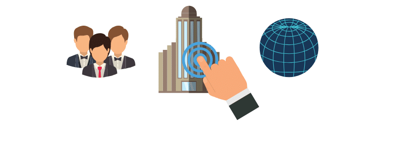 Graphic showing a hand choosing from options: two people, a building, and a globe, symbolizing asset protection in global business or international collaboration.