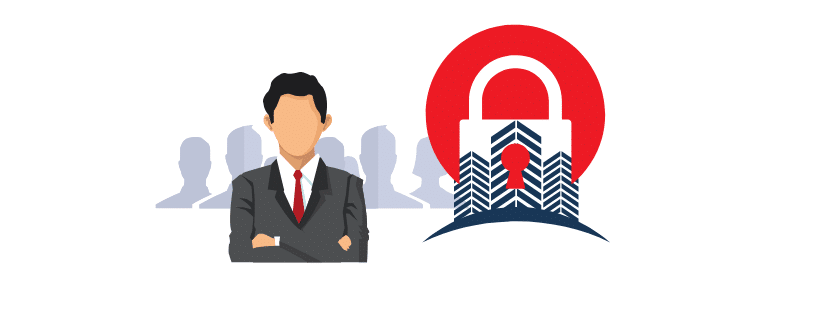 An illustration of a man in a suit with a GPS pin and padlock overlaying arrows and silhouettes, symbolizing asset protection through secure location services.