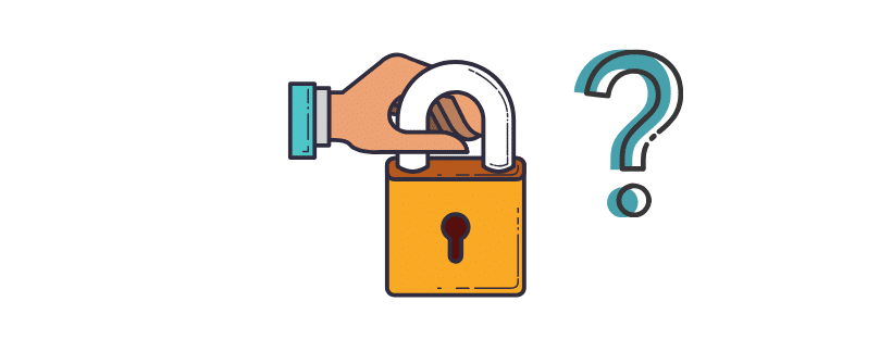 Illustration of a hand with a blue cufflink, inserting a key into a yellow padlock with a question mark symbol floating nearby, suggesting a concept of unlocking answers or asset protection security.