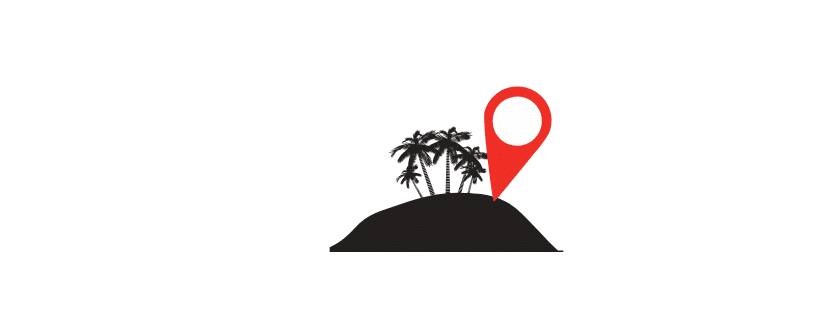 A minimalistic graphic featuring a black island with three palm trees against a white background, marked by a red asset protection pin on the right side.