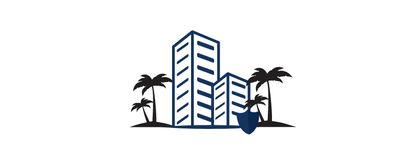 Graphic logo for Nevis LLC featuring a stylized skyscraper with a mirror-like facade next to several palm trees, all designed in blue and black colors, suggesting a tropical urban theme.