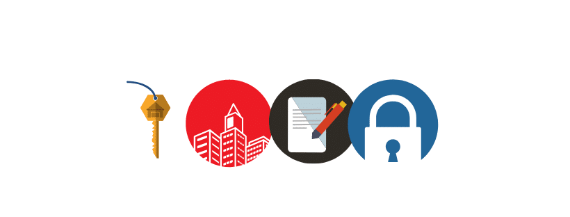Graphic depicting four icons: a house key, buildings within a red circle, a clipboard with an estate planning guide, and a padlock, symbolizing real estate and security concepts.