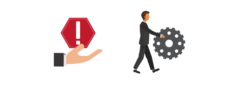 Illustration featuring a hand holding a stop sign with an exclamation mark next to a man in a suit walking and carrying a gear wheel, symbolizing how to prevent disputes.