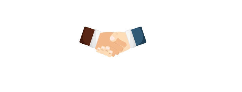 Illustration of two hands clasped in a handshake, emphasizing partnership dispute resolution with one hand having a darker skin tone and the other a lighter tone. Both are wearing shirts with dark brown and blue cuffs.