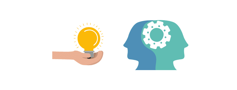 Illustration showing a hand holding a light bulb as a symbol of idea generation, and a head silhouette with gears inside representing the thought process during a partnership dispute.