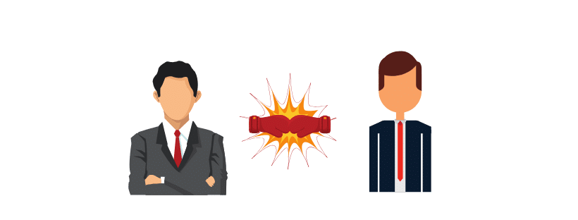 Illustration of two men in suits with a comic-style explosion between them, symbolizing a partnership dispute or disagreement. One is in a formal red tie and the other in a casual striped outfit.