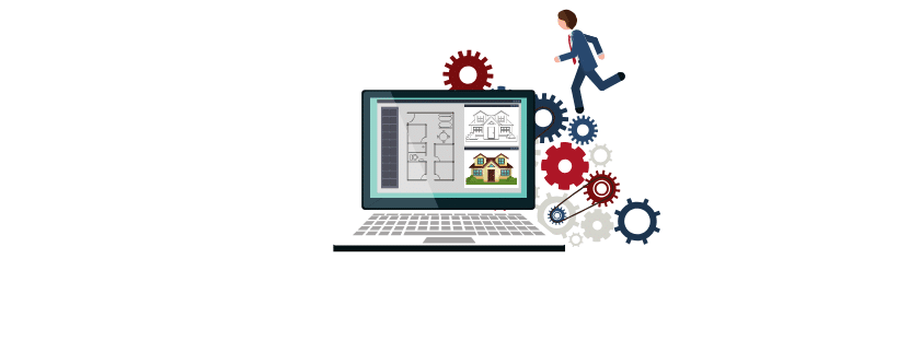 An illustration of a man running towards a laptop screen displaying blueprints, surrounded by various colorful gears, symbolizing engineering or architectural design and highlighting the integration of LLCs for asset protection.