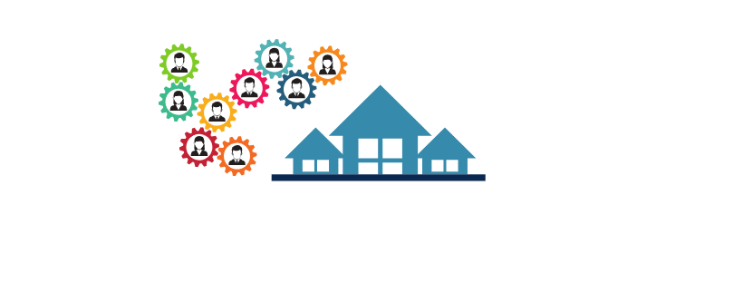 Graphic image of a blue house icon with twelve abstract people icons in various colored gears connected above the house, symbolizing estate planning or teamwork.