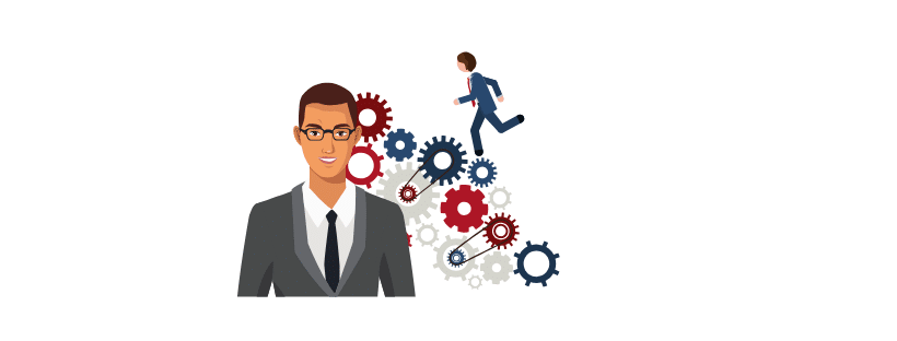 An illustration featuring a businessman with glasses and a man running on a series of interconnected gears, symbolizing estate planning and workflow.