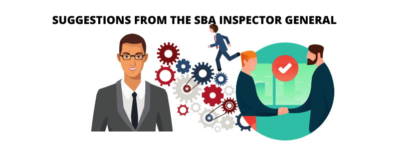 Illustration showing three business professionals discussing improvements in PPP Loans, with suggestions from the SBA Inspector General. Includes gears, charts, and a check mark symbolizing productive feedback.