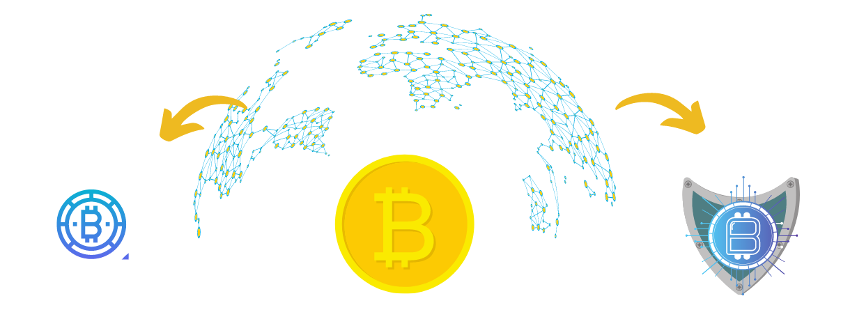 Graphic showing digital representations of cryptocurrency, global connectivity, and cybersecurity. Includes a stylized globe with data connections, a Bitcoin icon, and a digital security shield.